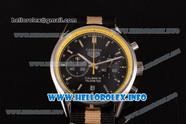 Tag Heuer Carrera Calibre 18 Miyota Quartz Steel Case with Black Dial Stick Markers and Yellow/Black Nylon Strap - Yellow Inner Bezel - Click Image to Close